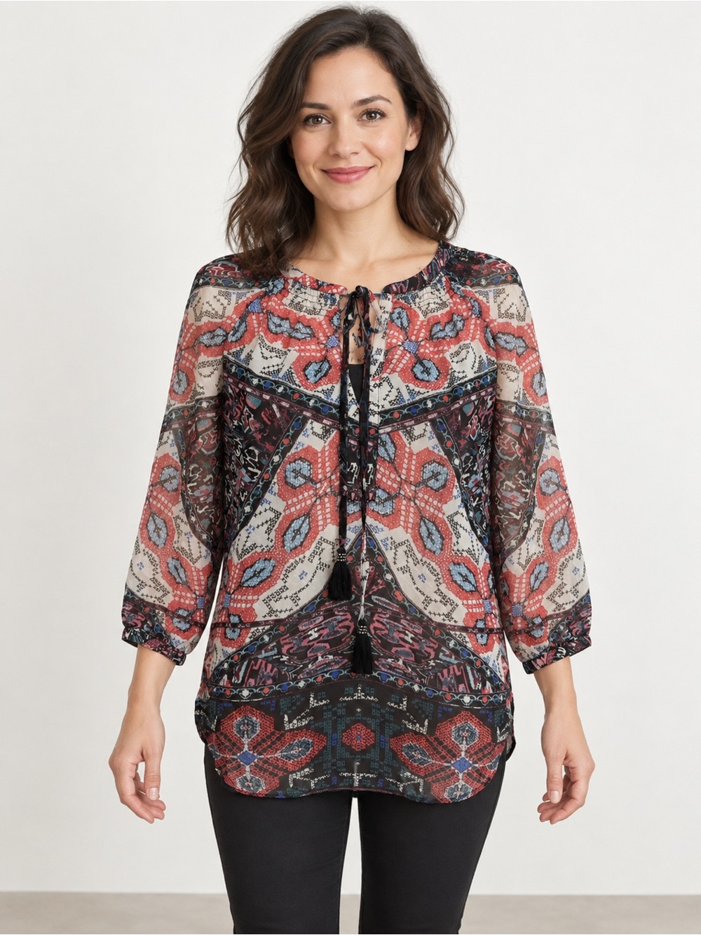 Daniel Rainn Petite M Sheer Boho Tassel Tie Keyhole Blouse